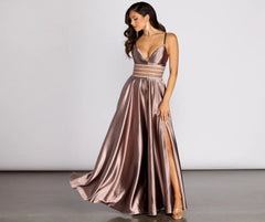 Delaney Satin Triple Rhinestone Trim A-Line Dress
